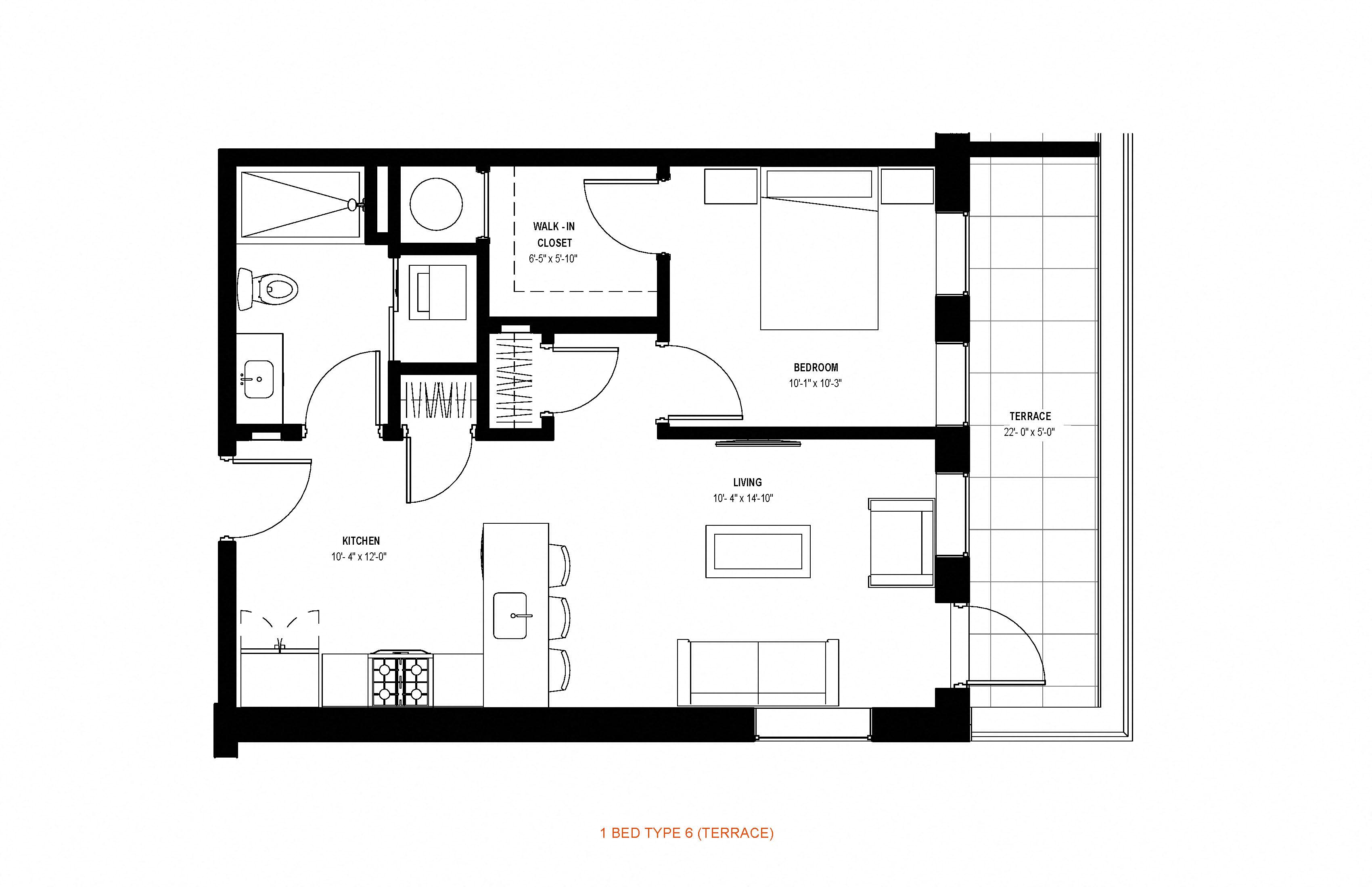 Floor plan for 1 bed, 1 bath, 643 sqft